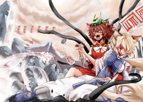 Anime picture 2759x1984 with touhou yakumo ran chen emerane highres short hair open mouth blonde hair red eyes brown hair multiple girls animal ears tail eyes closed animal tail cat ears teeth cat tail fang (fangs) fox ears