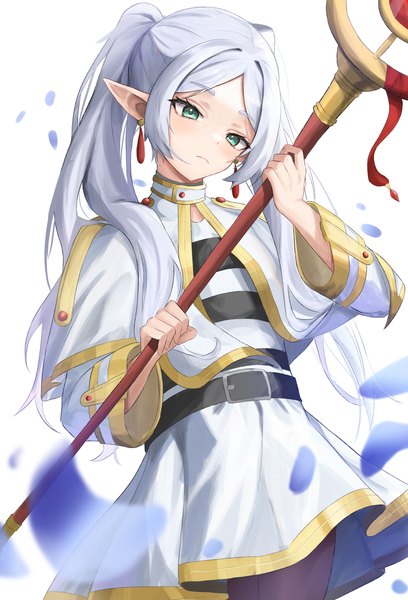 Anime-Bild 1947x2866 mit sousou no frieren frieren hoangryu single long hair tall image highres simple background white background twintails looking away silver hair pointy ears elf girl earrings petals staff
