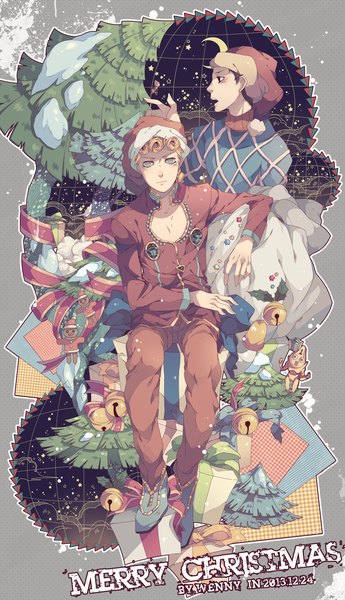 Anime picture 850x1475 with jojo no kimyou na bouken giorno giovanna guido mista wenny02 tall image looking at viewer short hair open mouth blue eyes blonde hair brown hair sitting brown eyes signed profile multiple boys drill hair snowing christmas merry christmas