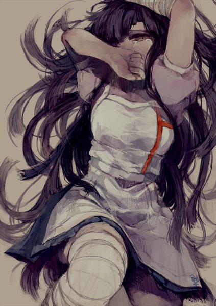 Anime picture 900x1275 with dangan ronpa super dangan ronpa 2 tsumiki mikan met-tha single long hair tall image looking at viewer black hair simple background brown eyes lying on back tears crying hand on face girl dress bandage (bandages)
