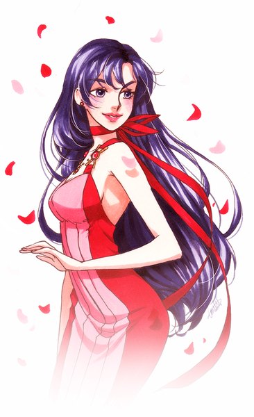 Anime picture 697x1142 with bishoujo senshi sailor moon toei animation hino rei princess mars eflunn (emilylunn) single long hair tall image blush simple background smile white background purple eyes bare shoulders signed looking away purple hair looking back wind lipstick
