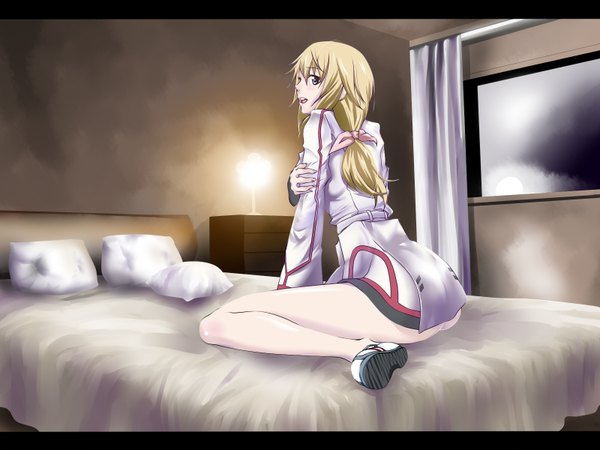 Anime picture 1600x1200 with infinite stratos 8bit charles dunois poker-face-008 single long hair open mouth light erotic blonde hair sitting brown eyes looking back legs light letterboxed girl uniform school uniform shoes window