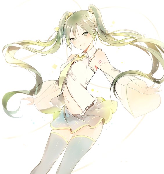 Anime picture 1000x1062 with vocaloid hatsune miku lpip single long hair tall image looking at viewer blush fringe open mouth simple background smile hair between eyes standing white background twintails bare shoulders green eyes payot long sleeves