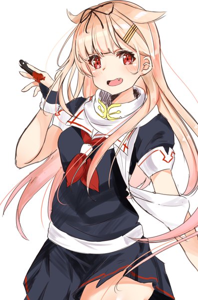 Anime picture 665x1004 with kantai collection yuudachi destroyer hasaki (alice ruru) single long hair tall image looking at viewer blush fringe open mouth simple background blonde hair red eyes standing white background holding pleated skirt fang (fangs) remodel (kantai collection) girl