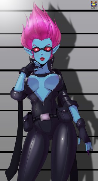 Anime picture 1520x2796 with league of legends evelynn (league of legends) kyoffie12 single tall image short hair breasts light erotic pink hair cleavage lips pointy ears blue skin girl gloves fingerless gloves bodysuit sunglasses