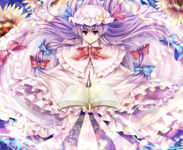Anime picture 1275x1050 with touhou patchouli knowledge hagiwara rin single long hair smile purple eyes purple hair girl bow hair bow book (books) cap sunflower moon (symbol)