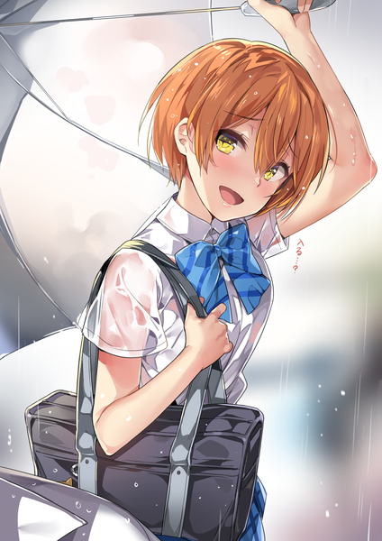 Anime picture 1240x1754 with love live! school idol project sunrise (studio) love live! hoshizora rin yuran (cozyquilt) single tall image looking at viewer blush fringe short hair open mouth smile hair between eyes holding yellow eyes :d arm up blurry orange hair