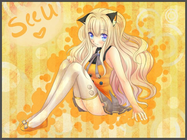 Anime picture 1024x767 with vocaloid seeu single long hair looking at viewer blush blue eyes blonde hair bare shoulders animal ears cat ears sleeveless girl thighhighs skirt miniskirt white thighhighs shoes