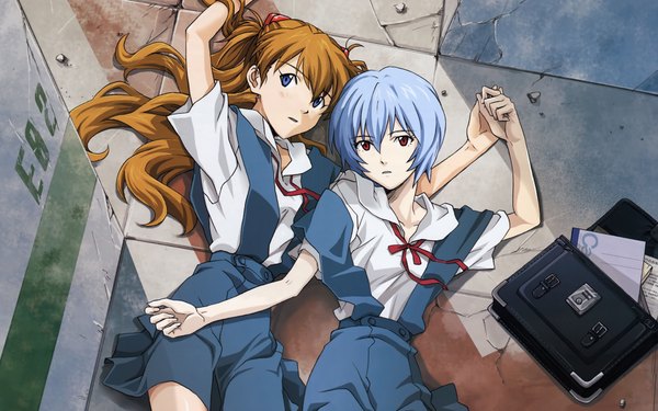 Anime picture 1920x1200 with neon genesis evangelion gainax soryu asuka langley ayanami rei long hair looking at viewer fringe highres short hair blue eyes hair between eyes red eyes wide image multiple girls blue hair indoors lying parted lips from above orange hair