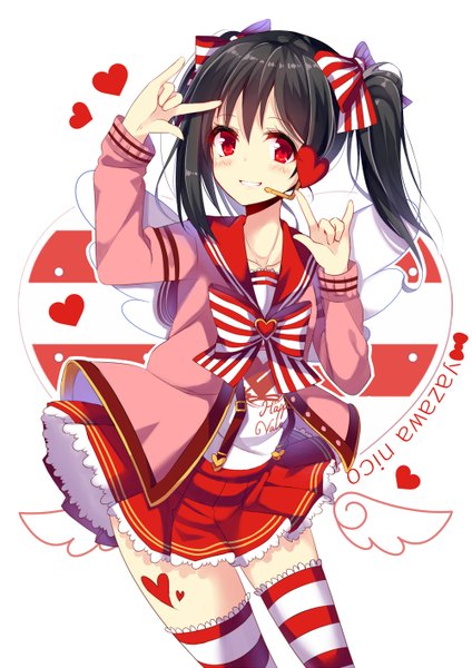 Anime picture 1000x1414 with love live! school idol project sunrise (studio) love live! yazawa nico kazucha single long hair tall image looking at viewer blush black hair smile red eyes twintails character names mmm girl thighhighs bow hair bow