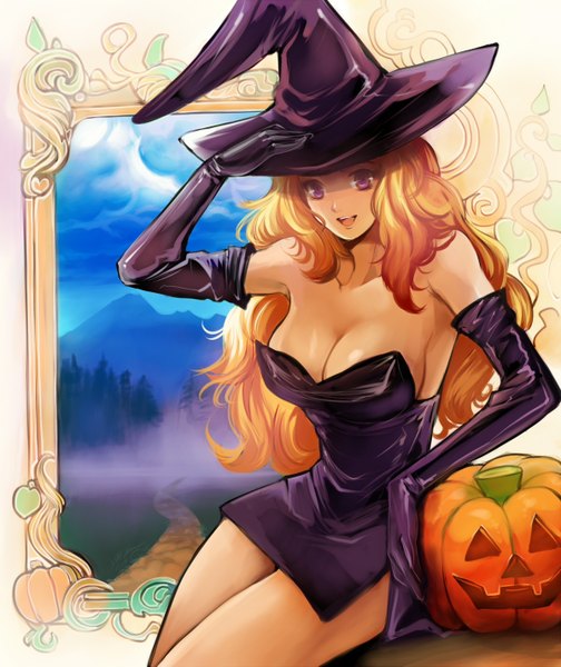 Anime picture 1200x1427 with original morechand single long hair tall image breasts open mouth light erotic purple eyes bare shoulders cloud (clouds) orange hair mountain framed witch fog girl dress gloves tree (trees)