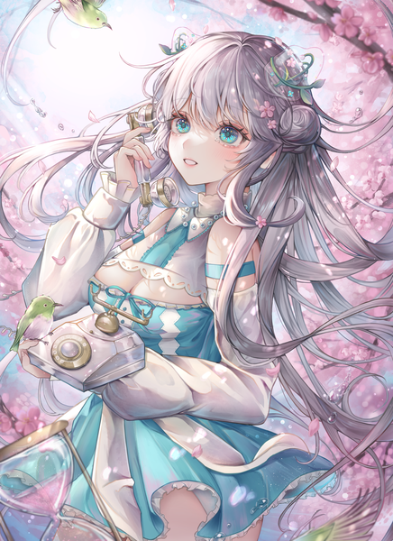Anime picture 5729x7888 with original kino nae single long hair tall image blush fringe highres breasts blue eyes large breasts standing holding looking away absurdres cleavage silver hair outdoors parted lips hair flower