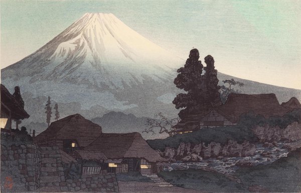 Anime picture 2048x1313 with original takahashi shoutei highres signed sky evening mountain no people building (buildings) mount fuji