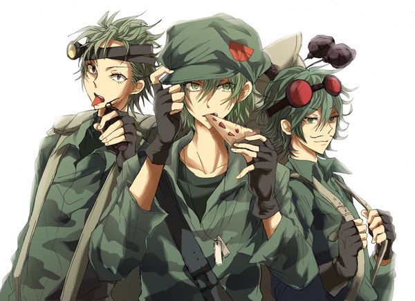 Anime picture 1170x850 with happy tree friends flippy sneaky mouse ka-boom yuki (fuguneko) short hair smile green eyes green hair eating open collar goggles on head military personification boy gloves uniform weapon glasses food
