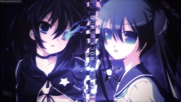 Anime picture 1920x1080 with black rock shooter black rock shooter (character) kuroi mato highres short hair open mouth blue eyes black hair wide image twintails multiple girls glowing dark background glowing eye (eyes) girl uniform 2 girls school uniform serafuku cloak