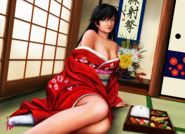 Anime picture 2000x1452 with girls und panzer isuzu hana ebi (eeotoko) single long hair highres blue eyes light erotic black hair bare shoulders cleavage traditional clothes japanese clothes girl flower (flowers) food kimono obi
