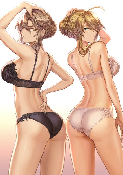 Anime picture 1302x1842 with fate (series) fate/grand order fate/zero artoria pendragon (all) artoria pendragon (lancer alter) artoria pendragon (lancer) mashuu (neko no oyashiro) tall image looking at viewer fringe short hair breasts light erotic simple background blonde hair hair between eyes large breasts standing bare shoulders multiple girls