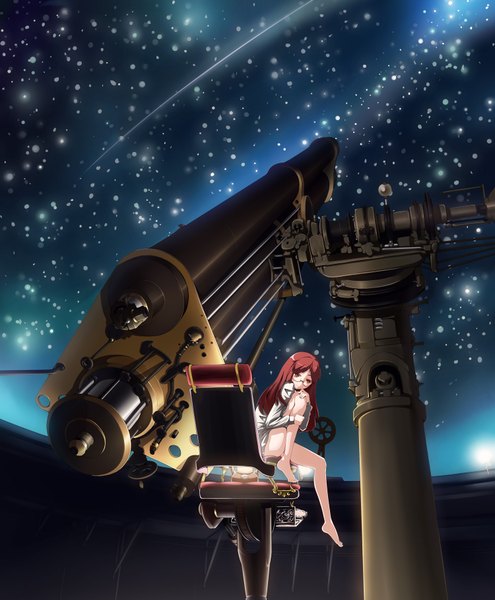 Anime picture 1500x1816 with original tama (speedgrapher) long hair tall image red eyes red hair barefoot night leg hug girl glasses star (stars) telescope