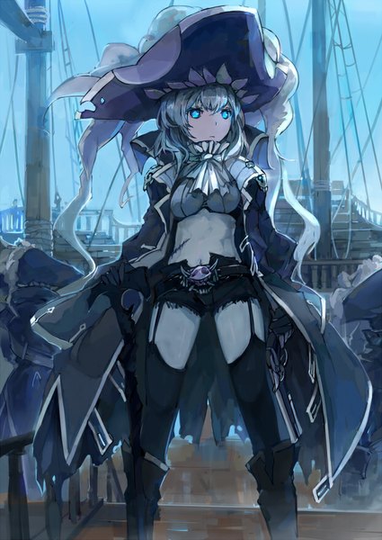 Anime picture 620x876 with kantai collection wo-class aircraft carrier d.b.spark single long hair tall image looking at viewer fringe breasts standing grey hair alternate costume glowing scar glowing eye (eyes) shinkaisei-kan pirate girl thighhighs navel