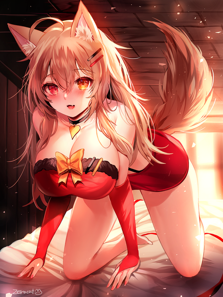 Anime picture 2000x2667 with original zerocat single long hair tall image looking at viewer blush fringe highres breasts open mouth light erotic smile hair between eyes red eyes brown hair large breasts animal ears yellow eyes full body