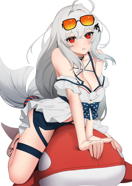 Anime picture 2480x3508 with arknights skadi (arknights) skadi (waverider) (arknights) ett single tall image looking at viewer blush fringe highres breasts light erotic simple background hair between eyes red eyes large breasts white background sitting cleavage full body