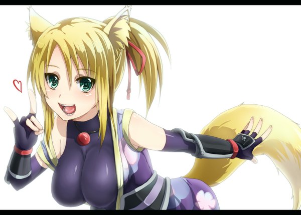 Anime picture 1466x1050 with dog days yukikaze panettone tundereyuina (artist) single short hair open mouth light erotic simple background blonde hair white background green eyes traditional clothes fox ears fox tail fox girl fox shadow puppet girl fingerless gloves