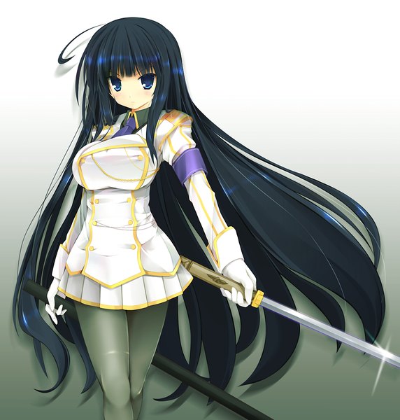 Anime picture 1024x1075 with senran kagura ikaruga (senran kagura) kuon itsuki single long hair tall image breasts blue eyes light erotic black hair simple background large breasts ahoge girl weapon sword