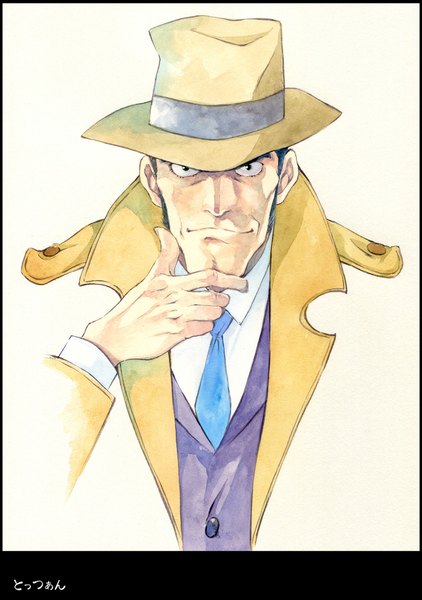 Anime picture 800x1138 with lupin iii zenigata kouichi agahari single tall image looking at viewer short hair black hair simple background white background black eyes portrait traditional media watercolor (medium) boy hat cloak
