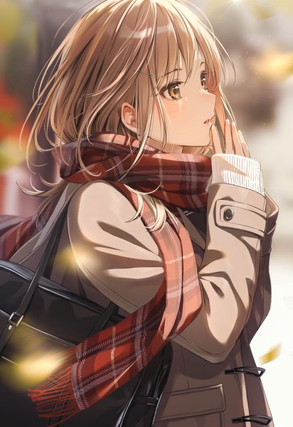 Anime picture 819x1194 with original zattape single long hair tall image blush fringe open mouth brown hair brown eyes looking away upper body long sleeves blurry arms up sleeves past wrists hands clasped girl scarf bobby pin