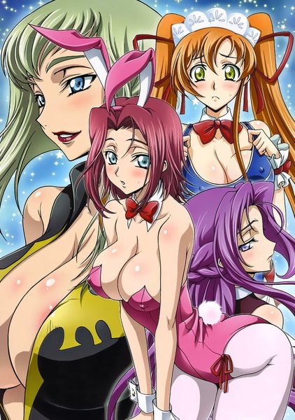 Anime picture 1399x1987 with code geass sunrise (studio) kallen stadtfeld shirley fenette cornelia li britannia villetta nu long hair tall image looking at viewer blush fringe short hair breasts blue eyes light erotic large breasts twintails purple eyes multiple girls green eyes