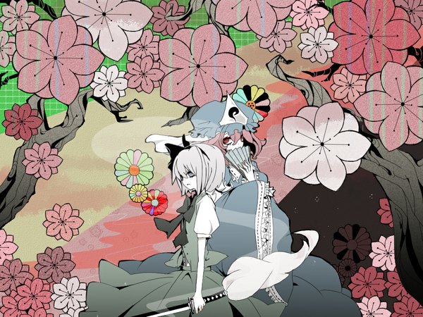 Аниме картинка 1024x768 с touhou konpaku youmu сайгёдзи ююко несколько девушек обои на рабочий стол глаза девушка цветок (цветы) 2 девушки меч веер ame (pixiv730660)