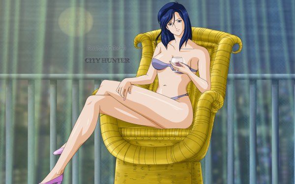 Anime picture 2560x1600 with city hunter saeko nogami highres blue eyes light erotic wide image blue hair underwear only girl underwear panties chair