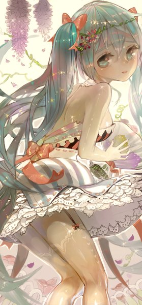 Anime picture 826x1771 with vocaloid hatsune miku crab d single long hair tall image looking at viewer blush fringe standing twintails bare shoulders holding very long hair hair flower aqua eyes aqua hair teeth striped girl
