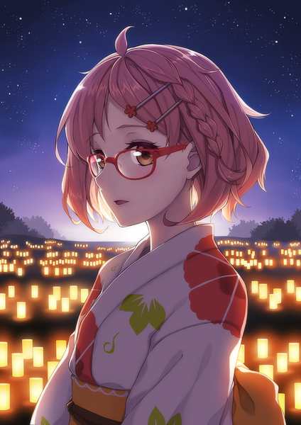 Anime picture 900x1273 with kyoukai no kanata kyoto animation kuriyama mirai terras single tall image looking at viewer blush short hair brown eyes sky braid (braids) traditional clothes japanese clothes evening girl hair ornament glasses hairclip star (stars)