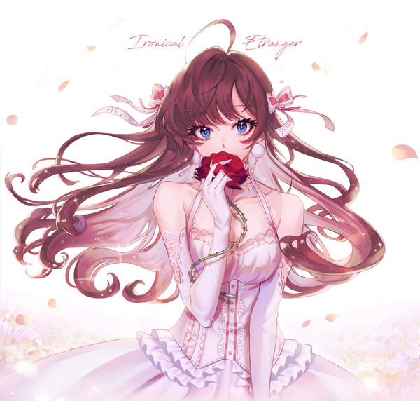 Anime picture 2000x1909 with idolmaster idolmaster cinderella girls ichinose shiki hado (gjdlsxor1) single long hair looking at viewer highres blue eyes brown hair white background bare shoulders upper body ahoge wind text covered mouth ironical entranger girl gloves