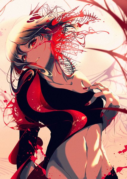 Anime picture 1000x1408 with original berryverrine single tall image looking at viewer fringe short hair breasts light erotic simple background red eyes standing bare shoulders cleavage red hair nail polish parted lips head tilt multicolored hair fingernails