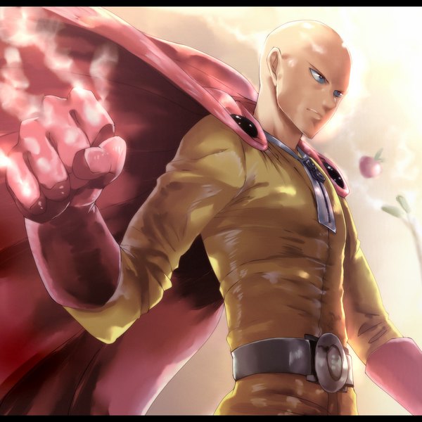 Anime picture 850x850 with one-punch man madhouse saitama (one-punch man) viola (seed) single simple background smile looking away profile black eyes smirk bald aura superhero boy gloves elbow gloves belt cape bodysuit