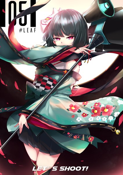 Anime picture 1000x1415 with ongeki aihara tsubaki kie (yospcd) single tall image fringe short hair black hair blunt bangs pleated skirt pink eyes text floral print english covered mouth checkered mask on head girl skirt miniskirt