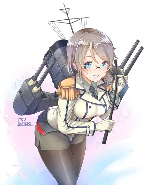 Anime picture 1500x1800 with kantai collection love live! sunshine!! sunrise (studio) love live! watanabe you katori (kantai collection) kanabun single tall image short hair blue eyes smile white background grey hair leaning leaning forward character names cosplay bespectacled katori (kantai collection) (cosplay)