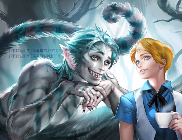 Anime picture 1000x773 with alice in wonderland alice (alice in wonderland) cheshire cat sakimichan long hair looking at viewer short hair blue eyes blonde hair smile holding animal ears blue hair tail animal tail fingernails sunlight cat ears realistic teeth
