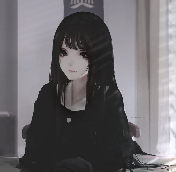 Anime picture 3904x3808 with original hate-chan (aoi ogata) aoi ogata single long hair looking at viewer fringe highres black hair smile signed absurdres upper body indoors black eyes lipstick light pink lipstick makeup girl