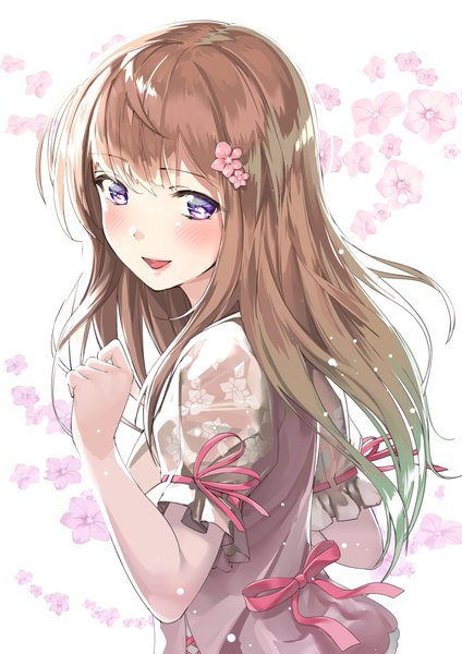Anime picture 706x1000 with original kinugasa yuuichi single long hair tall image looking at viewer blush fringe open mouth smile hair between eyes brown hair white background purple eyes upper body :d looking back hair flower short sleeves puffy sleeves