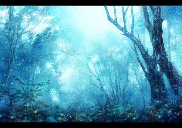 Anime picture 1500x1060 with original nemui728 no people landscape nature plant (plants) tree (trees) leaf (leaves) forest fireflies