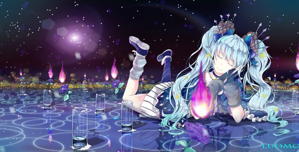 Anime picture 4000x2043 with vocaloid hatsune miku fuyu no yoru miku luomo single long hair fringe highres smile wide image twintails signed blue hair absurdres sky lying eyes closed night night sky lens flare