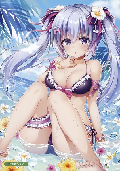 Anime picture 2470x3500 with melonbooks mitsuba choco single long hair tall image looking at viewer blush fringe highres breasts open mouth light erotic hair between eyes large breasts sitting purple eyes twintails payot sky cleavage