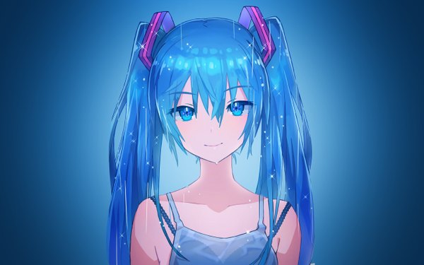 Anime picture 2560x1600 with vocaloid hatsune miku assassinwarrior saitou naoki single looking at viewer blush fringe highres simple background smile hair between eyes twintails bare shoulders payot upper body very long hair head tilt aqua eyes aqua hair