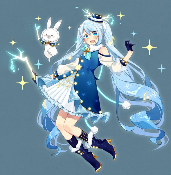 Anime picture 2130x2171 with vocaloid hatsune miku yuki miku rabbit yukine yuki miku (2021) asagao minoru single tall image looking at viewer highres open mouth blue eyes simple background twintails bare shoulders blue hair full body very long hair :d sparkle