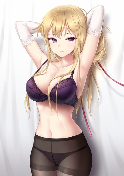 Anime picture 860x1214 with touhou yakumo yukari minust single long hair tall image looking at viewer blush fringe breasts light erotic blonde hair standing purple eyes payot arms up armpit (armpits) underwear only arms behind head strap gap