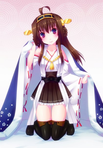 Anime picture 700x1000 with kantai collection kongou battleship door to heaven single long hair tall image looking at viewer blush smile brown hair purple eyes bare shoulders ahoge traditional clothes nontraditional miko girl thighhighs hair ornament black thighhighs detached sleeves