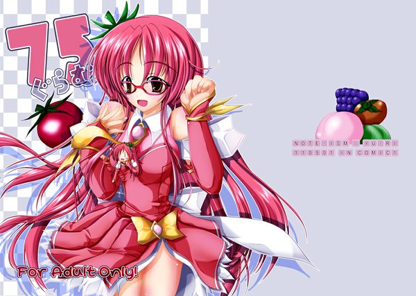 Anime picture 1124x800 with yu-ri (noteism) single long hair blush open mouth red eyes bare shoulders red hair inscription girl dress bow detached sleeves glasses